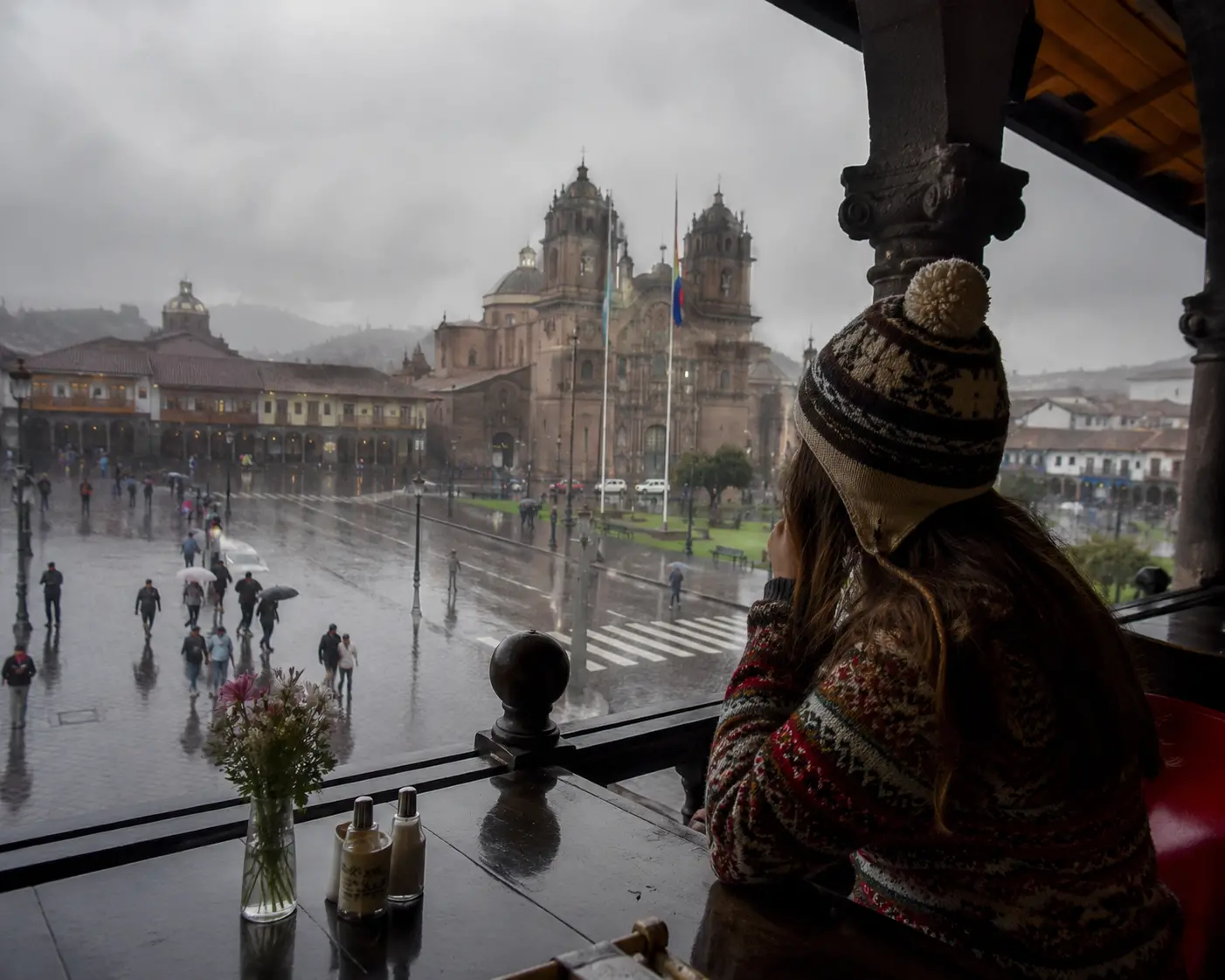 shinny main square of Cusco during the rain